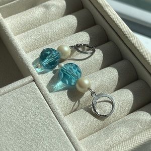 Sky blue  glass bead & glass pearl huggie silver hoop earrings